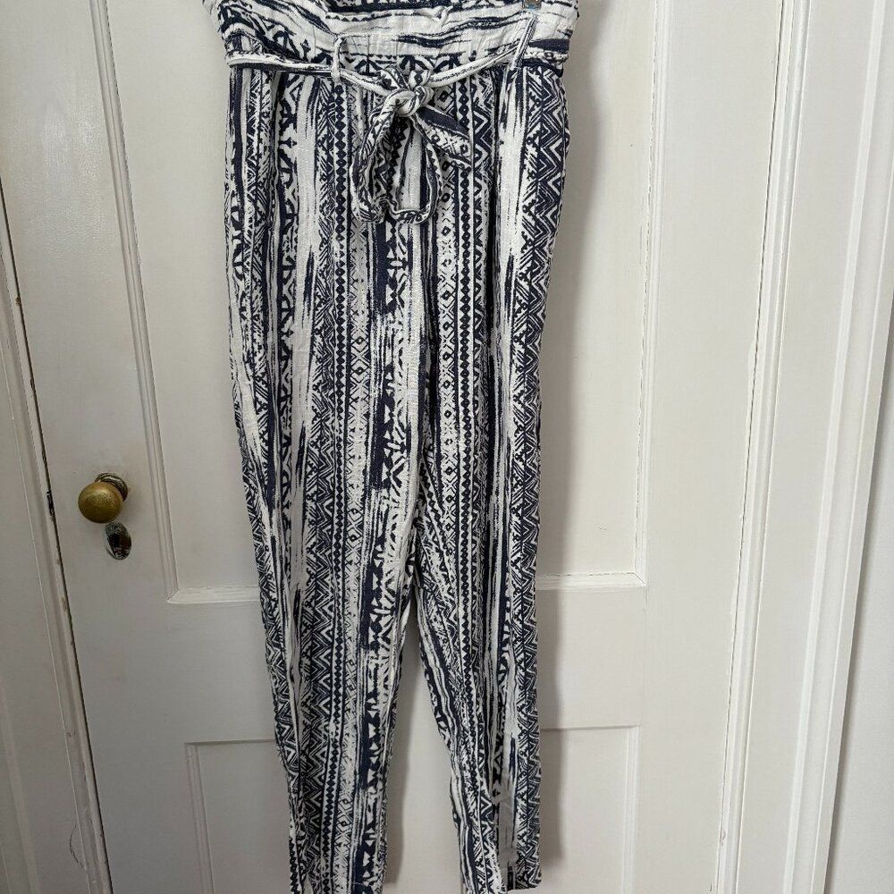 Cali 1850 High Waisted Paper Bag Pants with Fun Blue & White Pattern. Size S